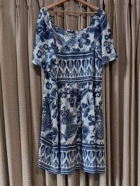 Women's Size 26 Bloomchic Boho Print Blue & White Fit Flare Mini Dress W Pockets